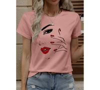 T-shirt à manches courtes décontracté à col rond imprimé avec motif abstrait de visage en ligne pour femmes L,M,S,XLAnimal,Cartoon,PortraitPolyester