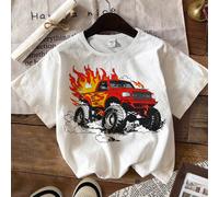 T-shirt à manches courtes décontracté et simple avec le dessin animé de la piste du monstre de feu et du jeune garçon avec motif de voiture, adapté pour l'été 6Y,7Y,4Y,5YVoiture,Portrait,Géométrique,L