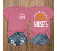 T-shirt à manches courtes d'été décontracté pour femmes avec imprimé palmier et lettre, col rond. T-shirts graphiques "FOREVER CHASING SUNSETS" pour femmes L,M,S,XLSloganTissu tricoté