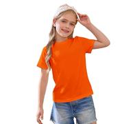 T-shirt à manches courtes en coton pour filles - Col rond uni - Haut basique pour enfants - T-shirt athlétique - Chemise décontractée légère et douce, Orange, 3-4 ans