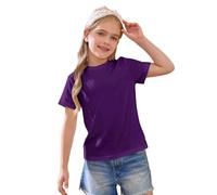 T-shirt à manches courtes en coton pour filles - Coton - Enfants col rond uni haut basique - Enfants T-shirts athlétiques d'école preppy - Chemise décontractée légère et douce blouse, violet, 6-7 ans