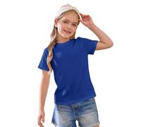 T-shirt à manches courtes en coton pour filles, uni, pour enfants, col rond, haut basique pour l'école, sport, décontracté, léger, doux, blouse, bleu, 12-13 ans
