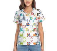 T-shirt à manches courtes et col en V pour femme avec imprimé alphabet coloré, Noir , M
