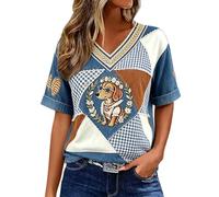 T-shirt à manches courtes et col en V pour femme, coupe classique | Tissu drapé léger, motif patchwork avec motif teckel