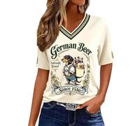 T-shirt à manches courtes et col en V pour femme, coupe classique | Tissu drapé léger, motif patchwork avec motif teckel