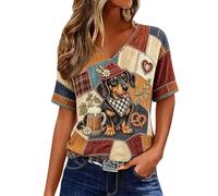 T-shirt à manches courtes et col en V pour femme, coupe classique | Tissu drapé léger, motif patchwork avec motif teckel