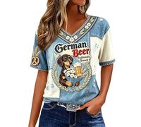 T-shirt à manches courtes et col en V pour femme, coupe classique | Tissu drapé léger, motif patchwork avec motif teckel
