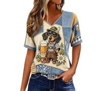 T-shirt à manches courtes et col en V pour femme, coupe classique | Tissu drapé léger, motif patchwork avec motif teckel