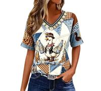 T-shirt à manches courtes et col en V pour femme, coupe classique | Tissu drapé léger, motif patchwork avec motif teckel