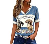 T-shirt à manches courtes et col en V pour femme, coupe classique | Tissu drapé léger, motif patchwork avec motif teckel