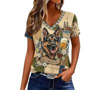 T-shirt à manches courtes et col en V pour femme Coupe classique | Tissu lisse, imprimé patchwork avec motif berger allemand