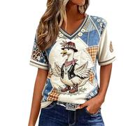 T-shirt à manches courtes et col en V pour femme Coupe classique | Tissu lisse, imprimé patchwork avec motif berger allemand