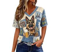 T-shirt à manches courtes et col en V pour femme Coupe classique | Tissu lisse, imprimé patchwork avec motif berger allemand