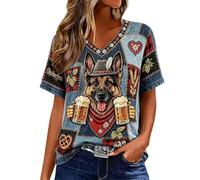 T-shirt à manches courtes et col en V pour femme Coupe classique | Tissu lisse, imprimé patchwork avec motif berger allemand
