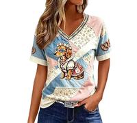 T-shirt à manches courtes et col en V pour femme Coupe classique | Tissu lisse, imprimé patchwork avec motif berger allemand