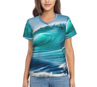 T-shirt à manches courtes et col en V pour femme Motif vague de ciel clair, noir, Taille S