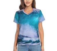 T-shirt à manches courtes et col en V pour femme Motif vague de l'océan Bleu, noir, Taille XL