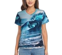 T-shirt à manches courtes et col en V pour femme Motif vague de mer, noir, Taille S