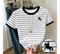 T-shirt à manches courtes et col rond à rayures avec imprimé chevalier blocs de couleurs pour femme L,M,S,XLAnimal,Portrait,GéométriqueÉtoffe