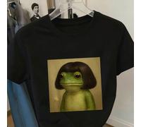 T-shirt à manches courtes et col rond ample, orné d'un portrait artistique et original d'une grenouille verte à motifs amusants. T-shirt d'été décontracté pour femme, col rond, manches courtesL,M,S,XL