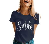 T-shirt à manches courtes et col rond avec imprimé à visages souriants, hauts en coton, style tunique, chemisier de sport ample, bleu marine, L