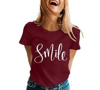 T-shirt à manches courtes et col rond avec imprimé à visages souriants, hauts en coton, style tunique, chemisier de sport ample, Vin, XXL