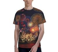 T-shirt à manches courtes et col rond imprimé feux d'artifice pour homme - Style décontracté - Pour l'été - Diverses occasions, Noir , S