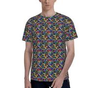 T-shirt à manches courtes et col rond imprimé papillon coloré dessiné à la main pour homme, Noir , XXL