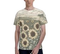 T-shirt à manches courtes et col rond imprimé tournesols camomille pour homme élégant décontracté été diverses occasions, Noir , M