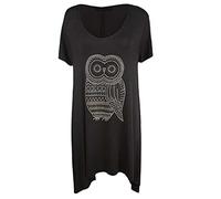 T-shirt à manches courtes et col rond pour femme - Chouette et strass - Ourlet mouchoir - Grande taille, Noir , 50-52