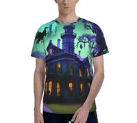 T-shirt à manches courtes et col rond pour homme imprimé manoir hanté noir élégant décontracté été diverses occasions, Noir , 3XL