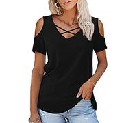 T-Shirt à Manches Courtes Femme Criss Cross Col en V T-Shirts d'été Casual Tee Tops Lâche Basique Tee Shirt Hauts Couleur Unie Tunique Chic T Shirts