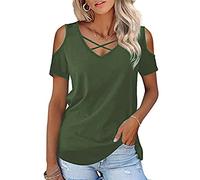 T-Shirt à Manches Courtes Femme Criss Cross Col en V T-Shirts d'été Casual Tee Tops Lâche Basique Tee Shirt Hauts Couleur Unie Tunique Chic T Shirts