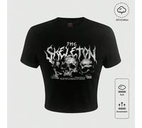 T-shirt à manches courtes imprimé de crâne et de texte avec l'impression "SQUELETTE, ÂMES BRISÉES DANS LES TÉNÈBRES, TRACES QUI S'ESTOMPENT PROGRESSIVEMENT, COMME LES RESTES D'UN SQUELETTE", pour l'éc