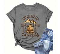 T-shirt à manches courtes imprimé de lettres pour le camping d'été, t-shirt graphique pour femme "LA VIE EST MEILLEURE PRÈS DU FEU DE CAMP", hauts graphiques pour femmes L,M,S,XLAnimal,Blocs de couleu