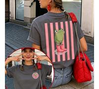 T-shirt à manches courtes, imprimé devant et derrière avec "Mignonne grenouille portant des bottes de pluie roses" motif rayé, Top d'été blanc décontracté L,M,S,XL,XS,XXLGéométrique,LettresPolyester