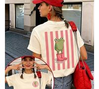T-shirt à manches courtes, imprimé devant et derrière avec "Mignonne grenouille portant des bottes de pluie roses" motif rayé, top d'été blanc décontracté L,M,S,XL,XS,XXLLettresPolyester