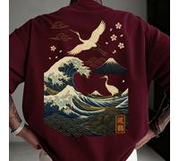 T-shirt à manches courtes Krometka pour hommes, décontracté et polyvalent, avec une impression d'œuvre d'art représentant un paysage naturel avec des vagues de mer et des grues L,M,S,XL,XS,XXLNoëlPoly