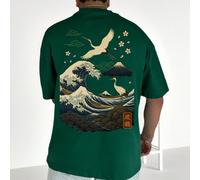 T-shirt à manches courtes Krometka pour hommes, décontracté et polyvalent, avec une impression d'œuvre d'art représentant un paysage naturel avec des vagues de mer et des grues L,M,S,XL,XS,XXLPolyeste