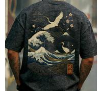 T-shirt à manches courtes Krometka pour hommes, décontracté et polyvalent, avec une impression d'œuvre d'art représentant un paysage naturel avec des vagues de mer et des grues L,M,S,XL,XS,XXLAnimalPo