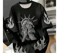 t-shirt à manches courtes oversize et ample dans le style américain des rues, avec un imprimé du visage de la Statue de la Liberté et de la flamme avec des strass. Col rond confortable et épais. Polyv