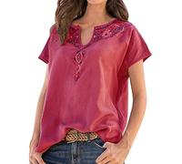 T-shirt à manches courtes pour femme 2024 - Été - Vintage - Léger - Col en V - T-shirt à manches courtes - T-shirt de loisirs - Style fête - Respirant - Décontracté - Haut urbain, rouge, XXL