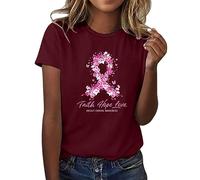 T-shirt à manches courtes pour femme avec bande de sensibilisation au cancer du sein, imprimé floral et pétale, extra pour homme, rouge, M