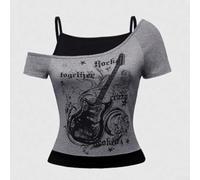 T-shirt à manches courtes pour femme avec motif gothique et épaules dénudées pour une coordination simplifiée de la garde-robe d'été (S, gris noir)