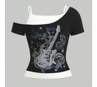T-shirt à manches courtes pour femme avec motif gothique et épaules dénudées pour une coordination simplifiée de la garde-robe d'été (L noir)