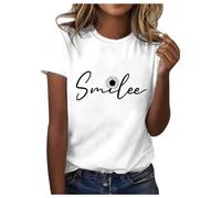 T-shirt à manches courtes pour femme avec motif imprimé tournesol et col rond, Blanc., M