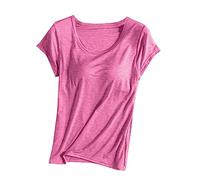 T-shirt à manches courtes pour femme avec soutien-gorge intégré - Hauts rembourrés solides extensibles et confortables à coupe ample pour yoga, athlétisme, gym, sommeil, rose vif, XXL