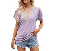 T-shirt à manches courtes pour femme - Style bohème - Col en V - Tendance - Broderie perforée - Confortable et respirant - Solide - Décontracté - Avec dentelle - Chemisier d'été ample, lilas, XL