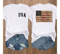 T-shirt à manches courtes pour femmes avec impression du drapeau américain et slogan, hauts graphiques pour femmes L,M,S,XLGéométrique,Lettres,Rayé,DrapeauTissu tricoté