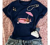 T-shirt à manches courtes pour femmes avec imprimé mignon de teckel se bainant au soleil, imprimé adorable de chien sur plage de hot-dog, essentiel populaire pour les vacances d'été décontractées L,M,